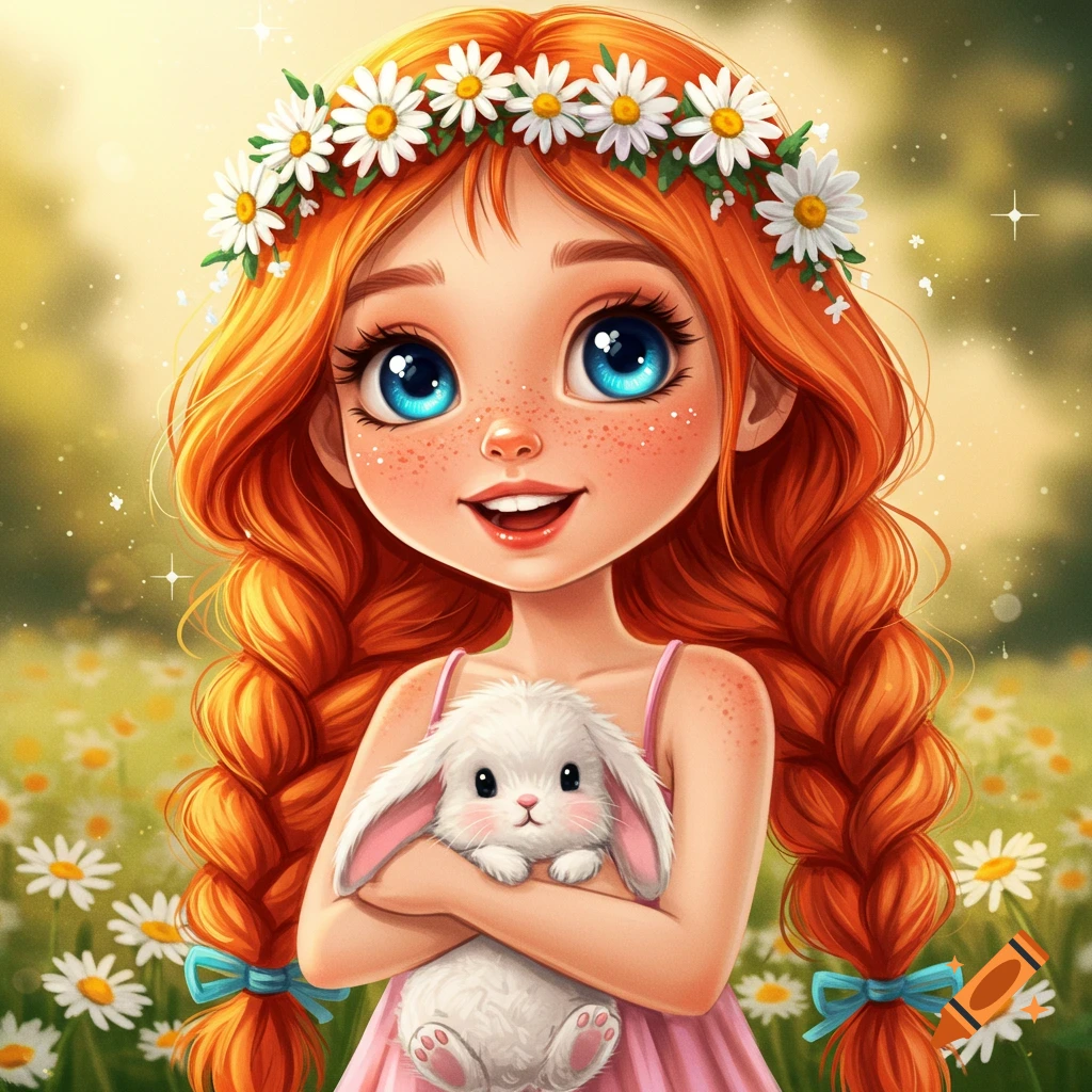 Cartoon girl with red braids, wearing a daisy crown and holding a white bunny in a field of flowers.