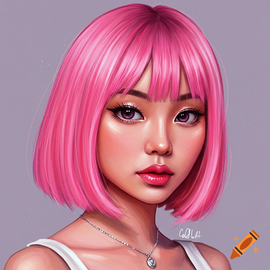 Portrait of an Asian woman with short pink hair.