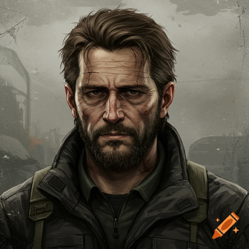 Illustration of a tired man with a beard, scars, and dark jacket in a stylized portrait