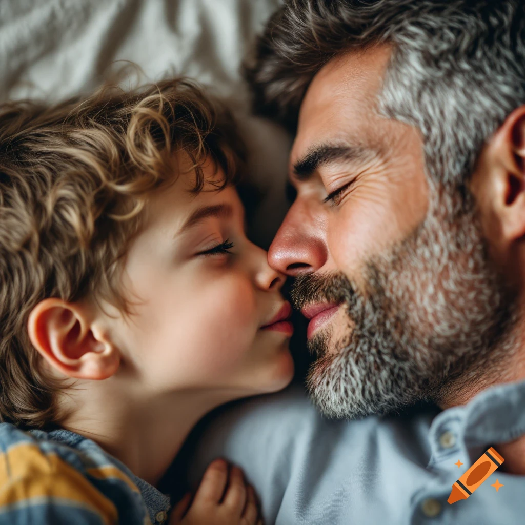 Close-up photorealistic portrait of a young son kissing his father on the cheek.