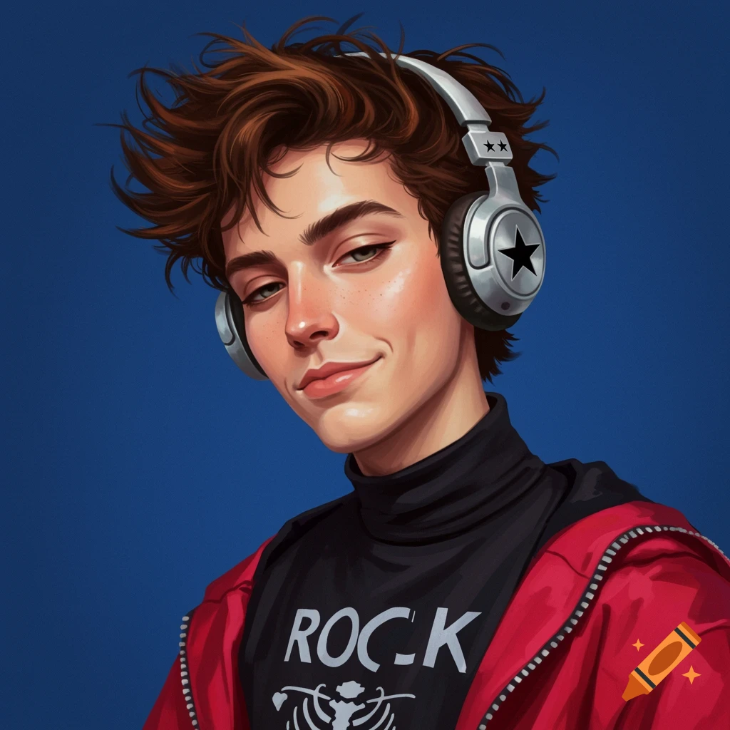 A young person is wearing headphones and a t-shirt that says ROCK.