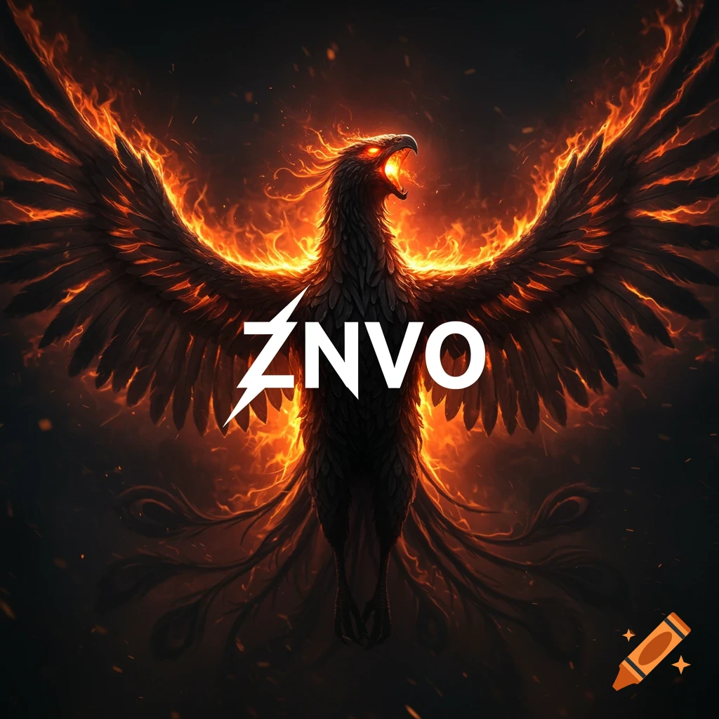 Dramatic image of a black phoenix engulfed in flames with the word ZNVO overlaid in white thunderbolt text, fantasy art style.