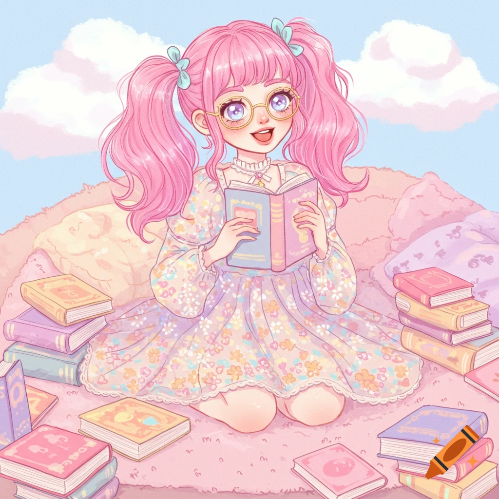 Cute anime-style girl with pink hair and glasses sits among books, reading a book.
