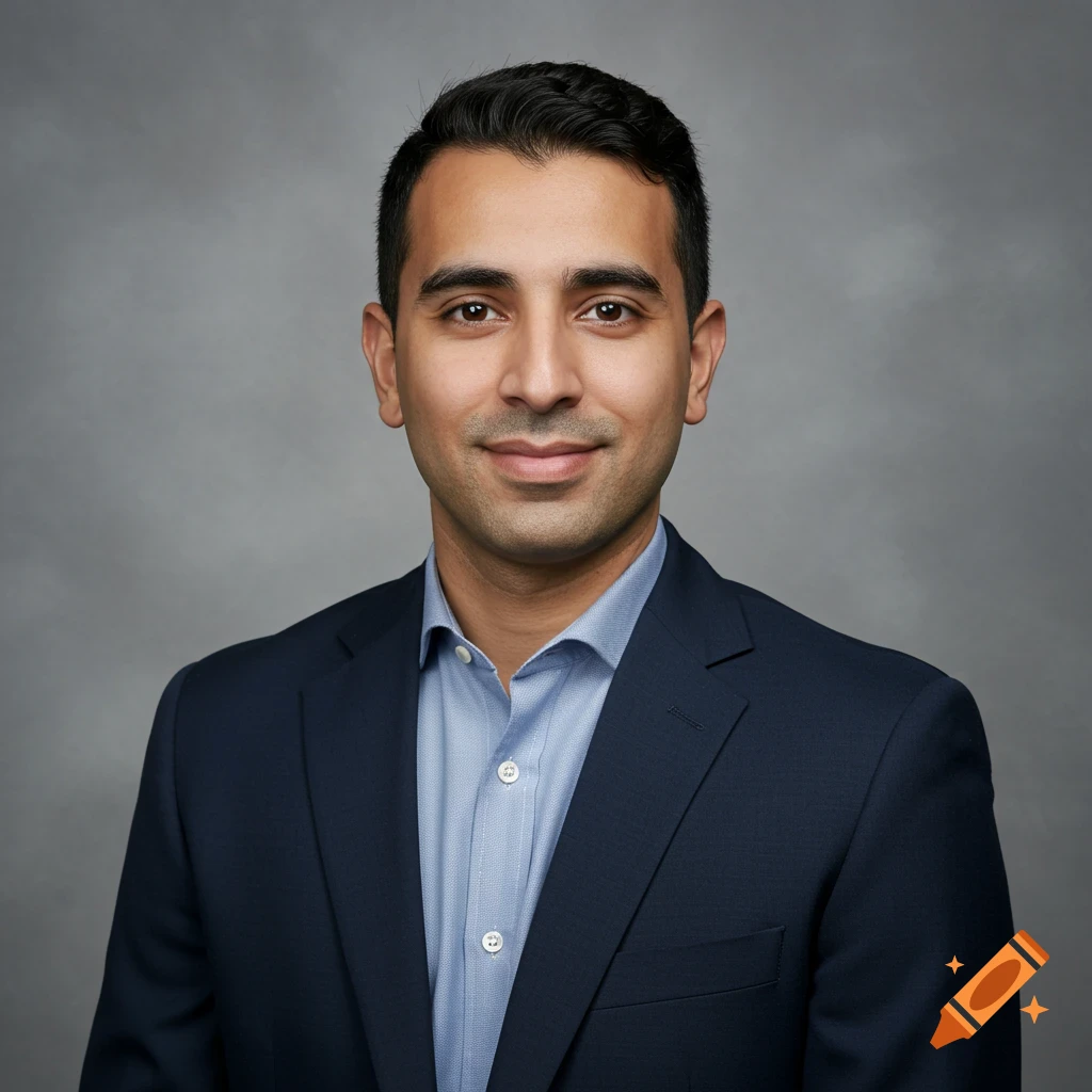 A professional headshot of a man in a suit against a gray background.