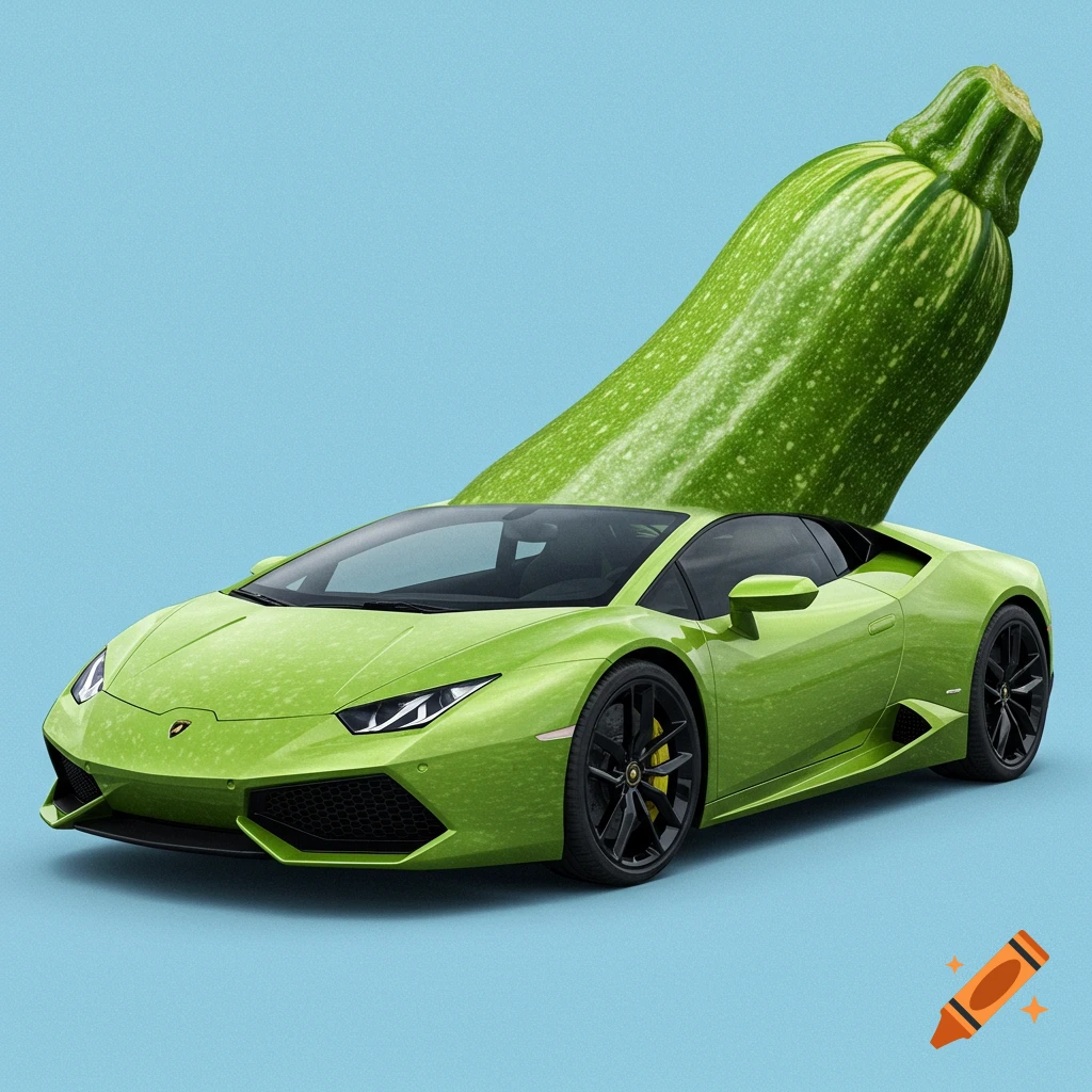 A lime green Lamborghini sportscar overlaid with the texture of a zucchini, set against a light blue background.