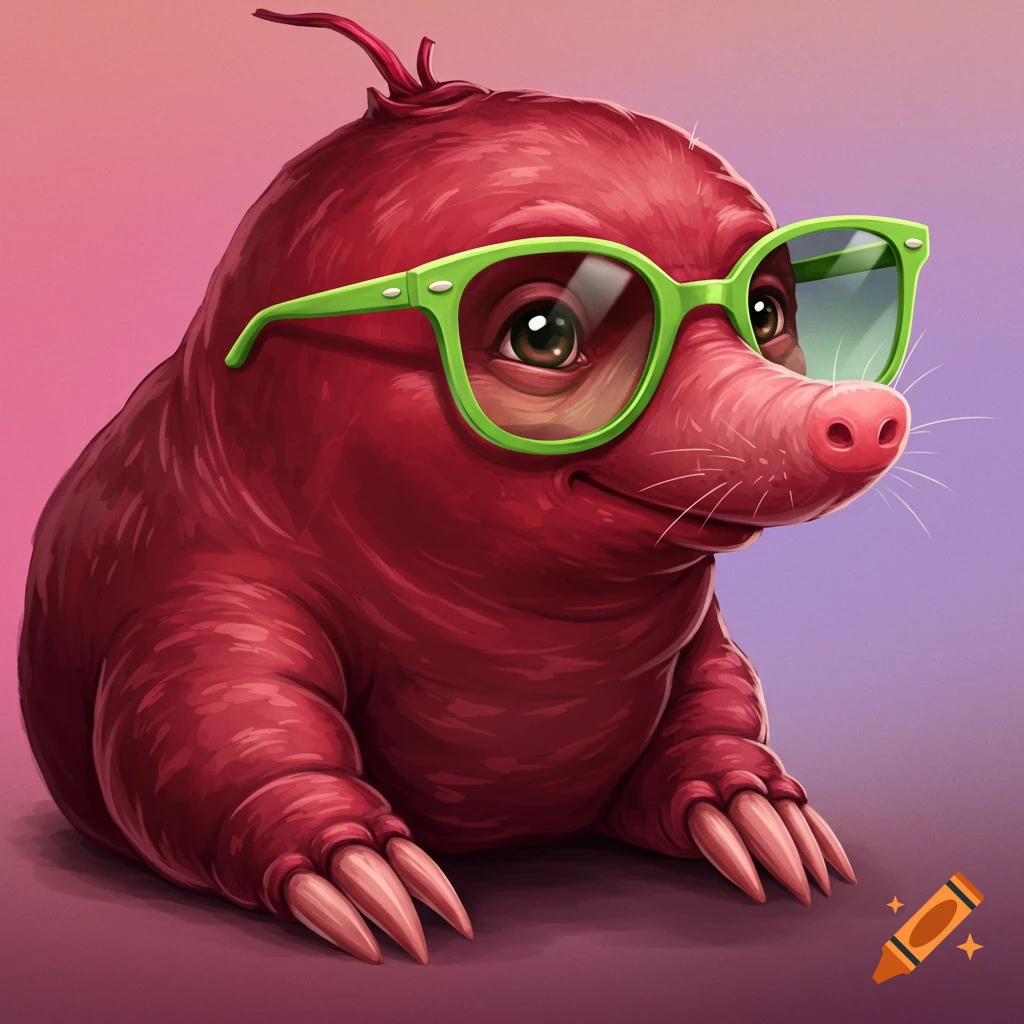 A cartoonish red mole wearing lime green sunglasses sits looking forward.