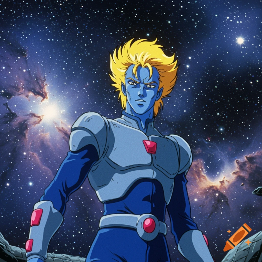 Anime character with blue skin, yellow hair, and armor in space