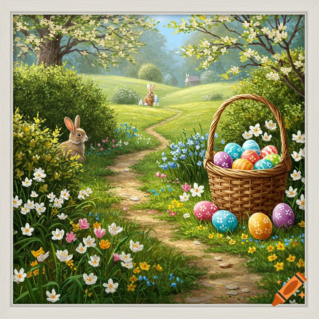 A painted Easter scene with bunnies, a basket of colorful eggs, and flowers along a path in a spring field.