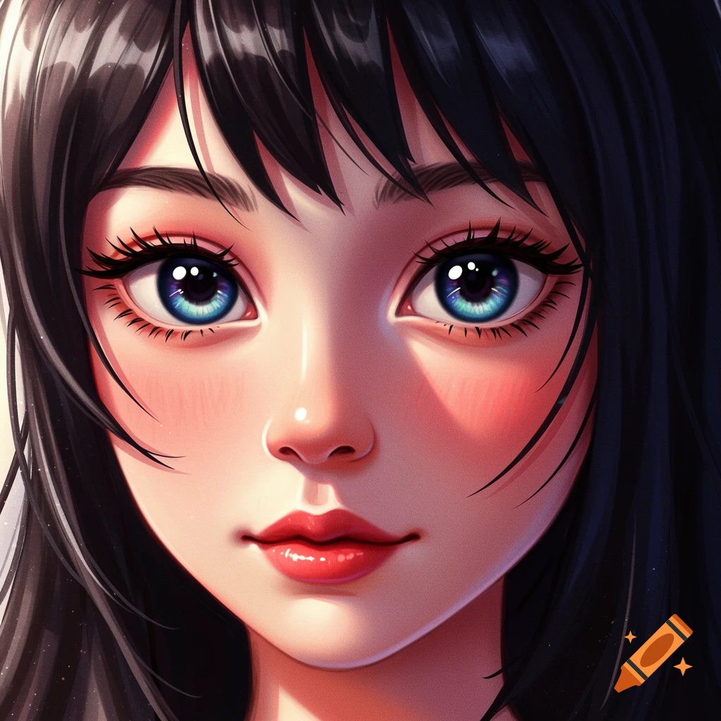 Detailed close-up anime portrait of a girl's face with large blue eyes and dark hair.