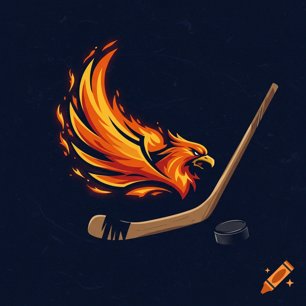 Logo of a fiery phoenix head next to a hockey stick and puck