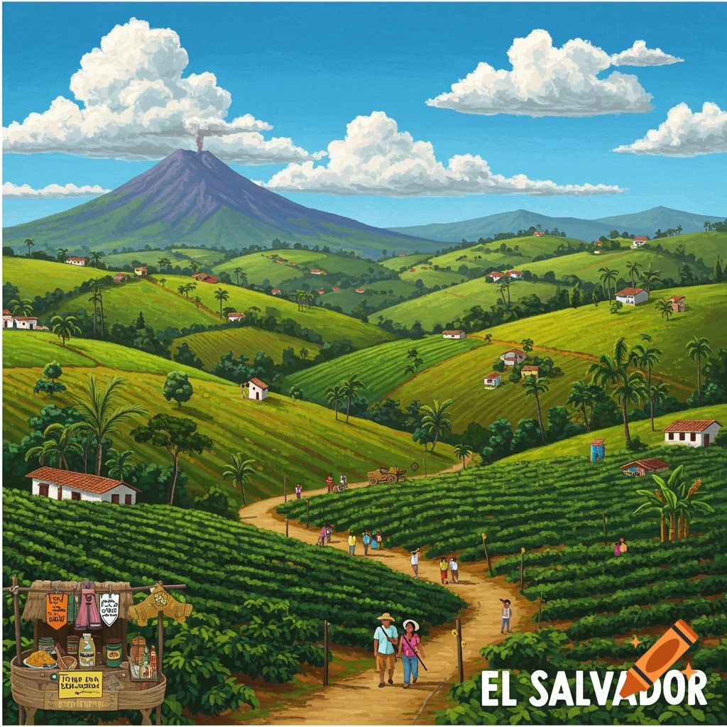 Illustrated landscape of rolling green hills, coffee plantations, a volcano, and people, with text 'EL SALVADOR'.