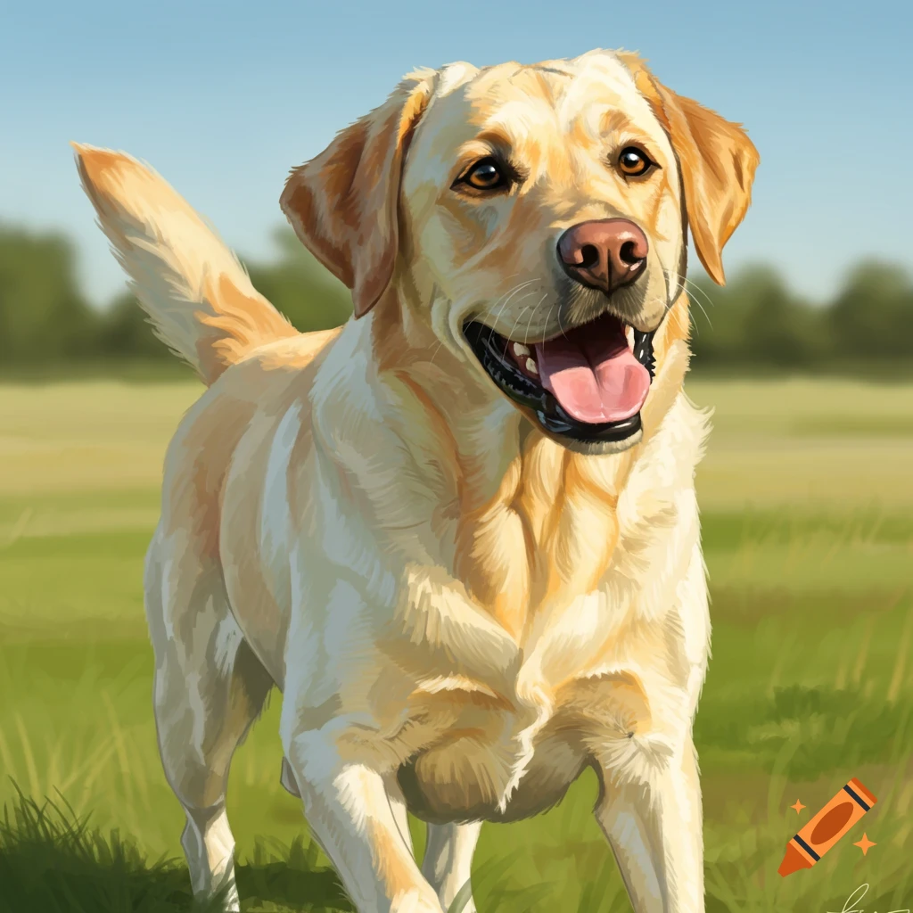 A happy yellow Labrador retriever running in a grassy field.