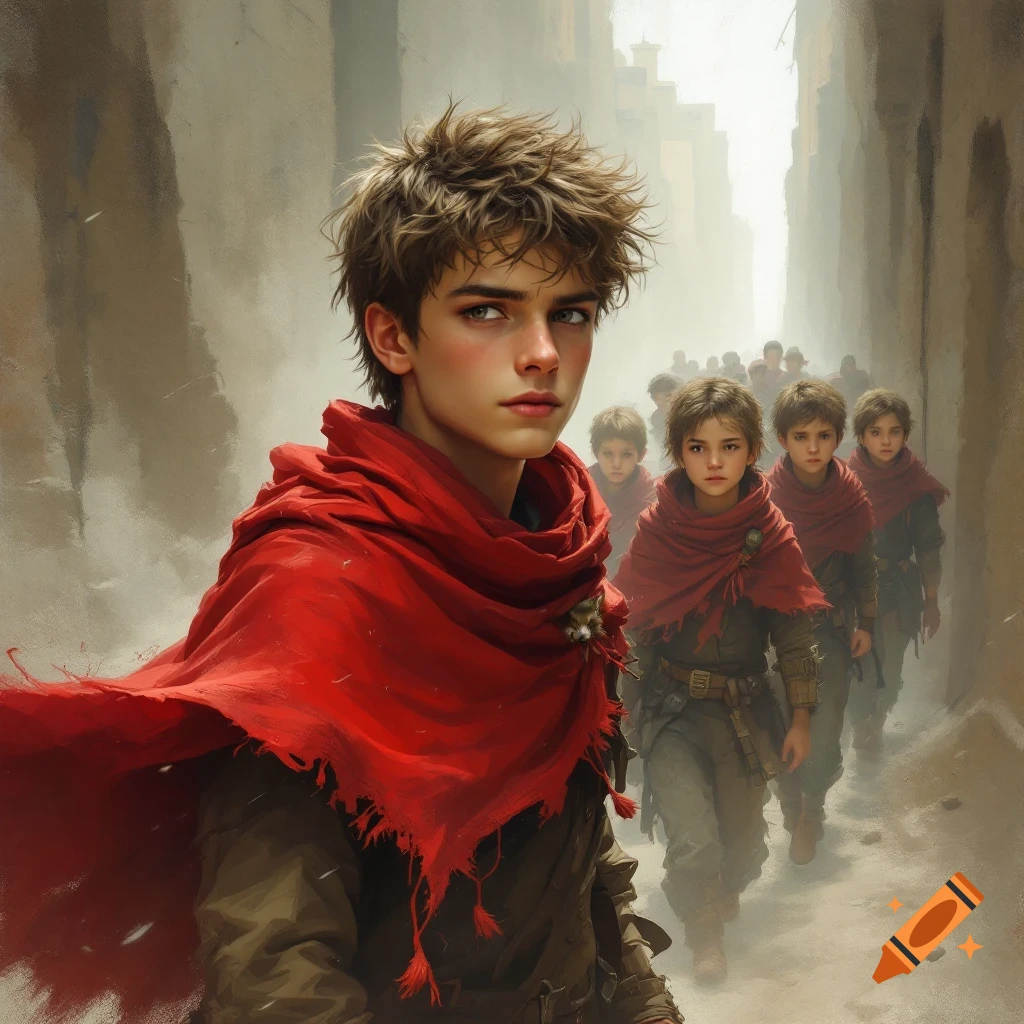 A young person in a red cape walks in a dusty alley with others.
