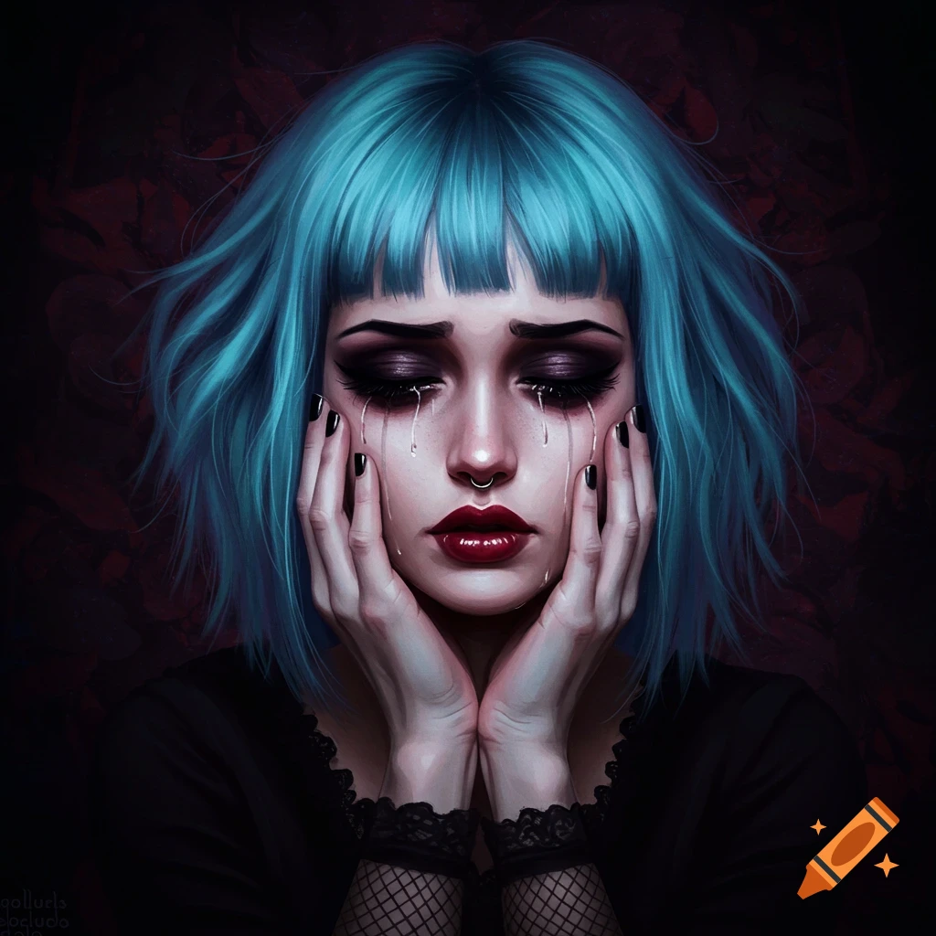 A goth woman with blue hair crying and holding her face.