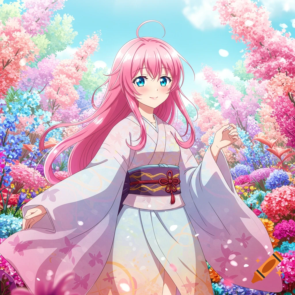 Anime girl with pink hair wearing a kimono in a colorful floral landscape.