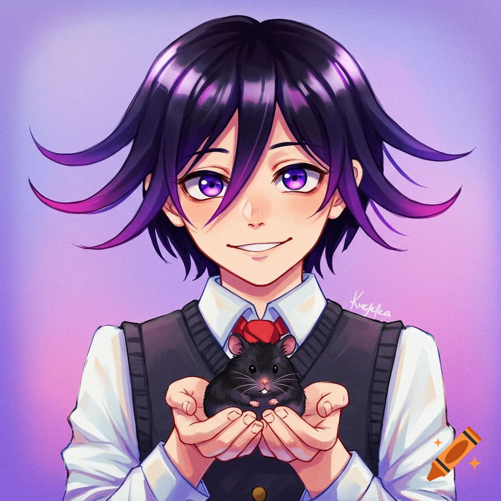 An anime character with purple hair holds a black hamster.