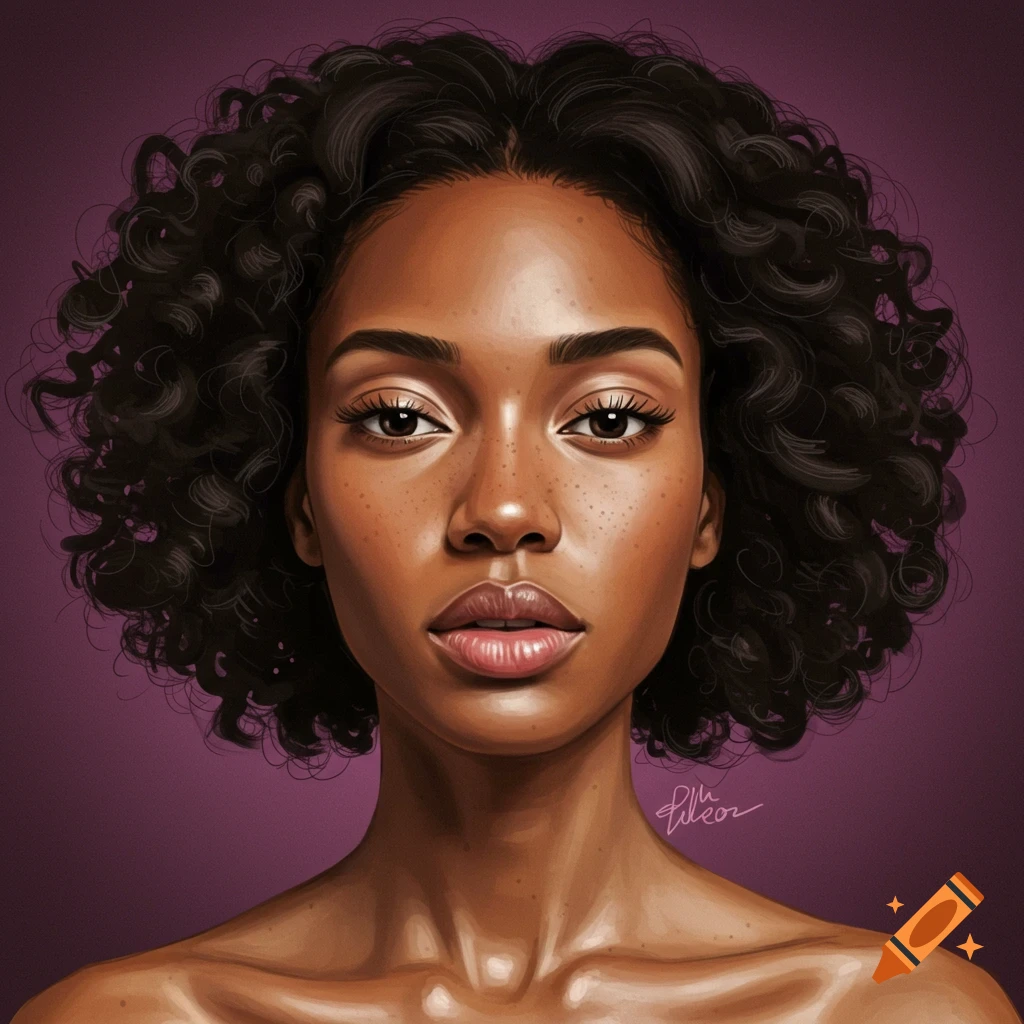 A portrait of a woman with curly hair and freckles.