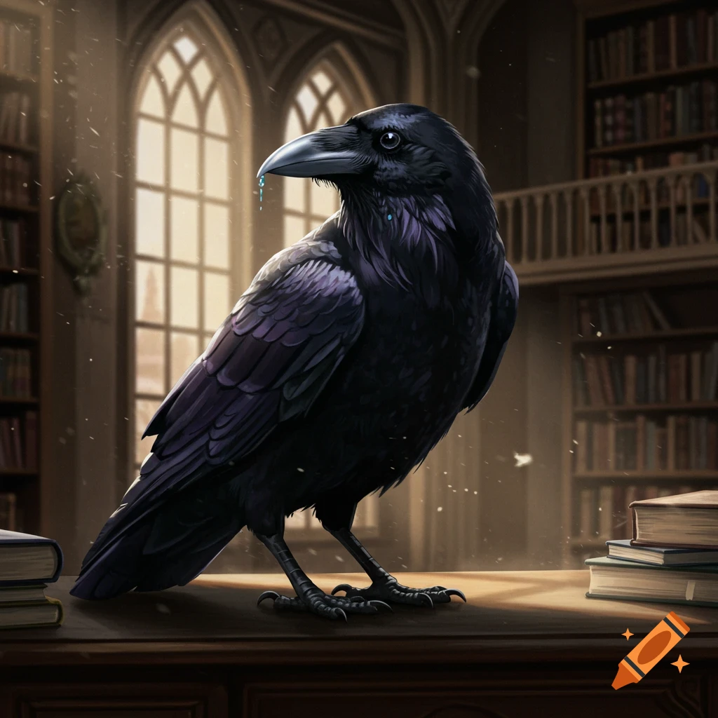A black raven with blue beak details sits on a desk in a library.