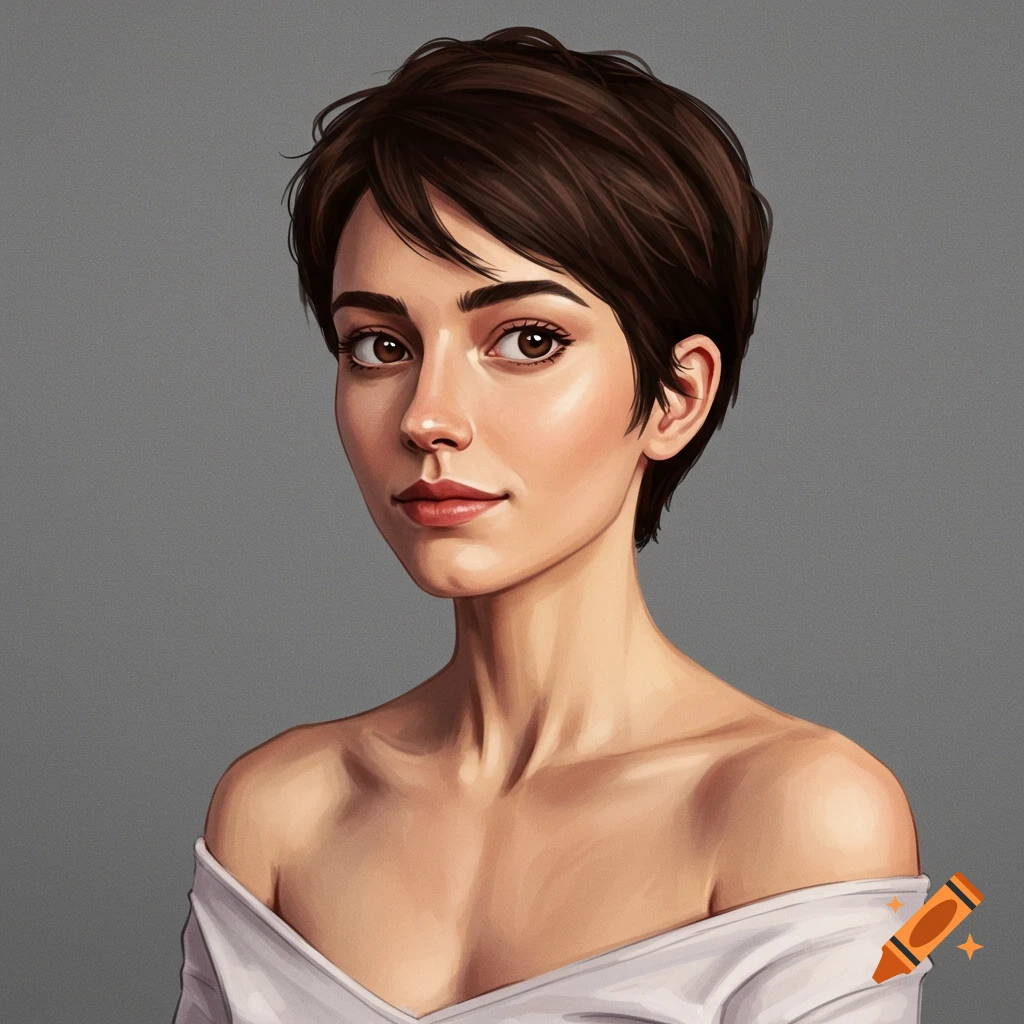 Portrait of a woman with short brown hair and bare shoulders.