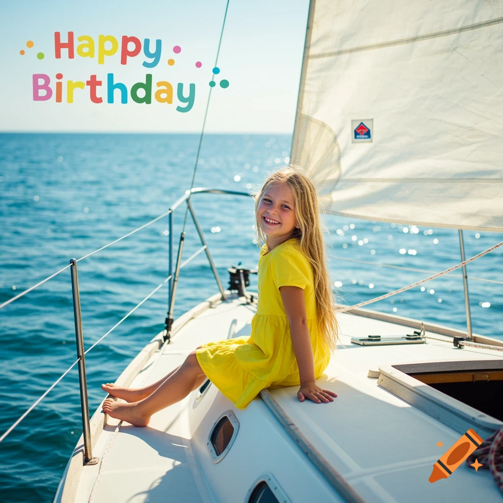 A happy girl sits on a sailboat deck under a sunny sky, with 'Happy Birthday' text overlay.
