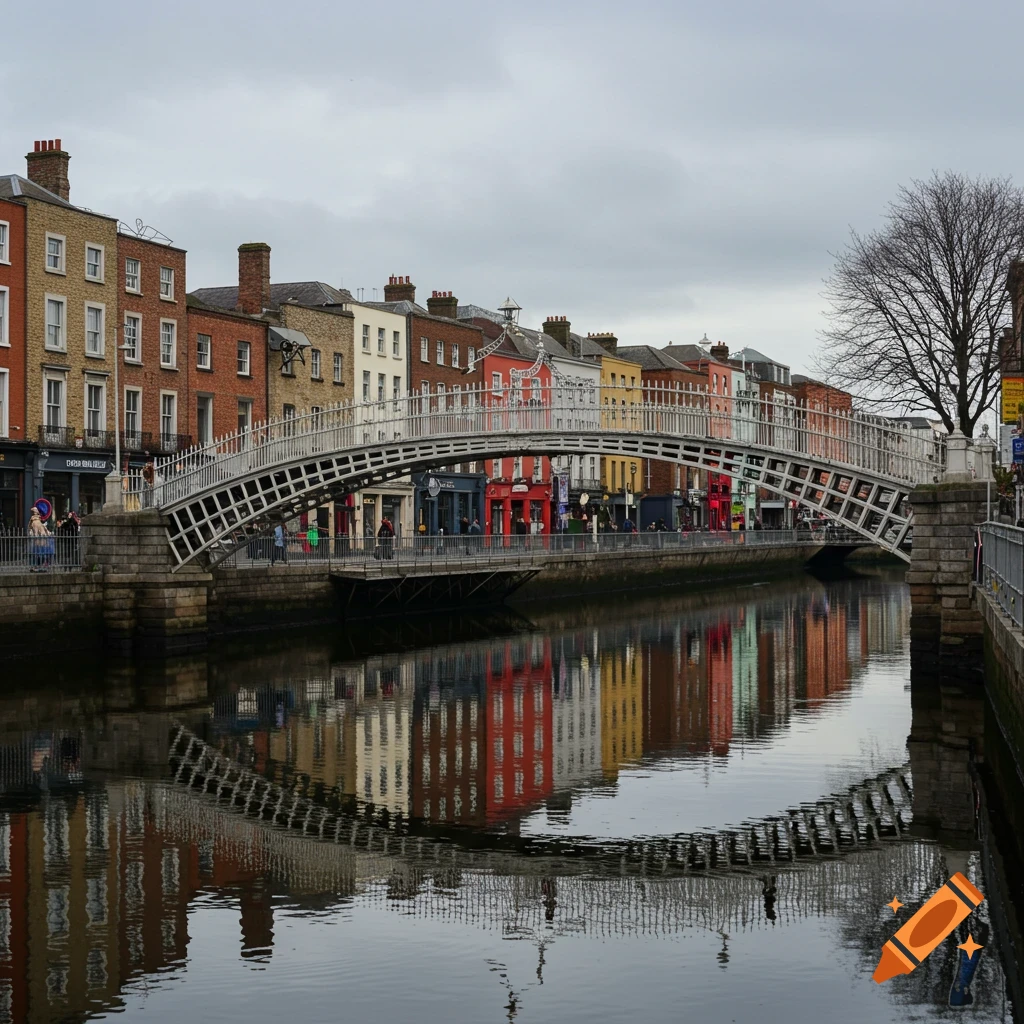 The Ha'penny Bridge arches over the River Liffey in Dublin, with colorful buildings lining the quays reflected in the water.