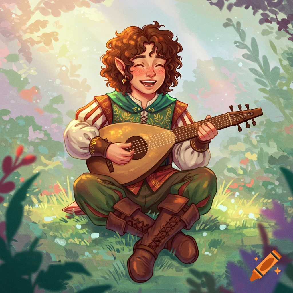 A fantasy character playing a lute in a sunny forest.