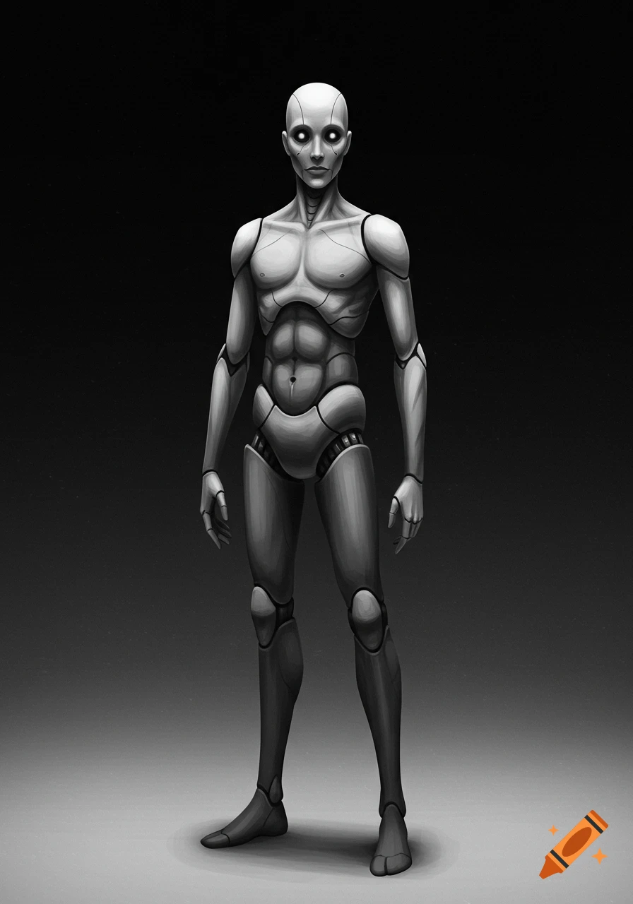 A grayscale humanoid robot or mannequin figure stands.