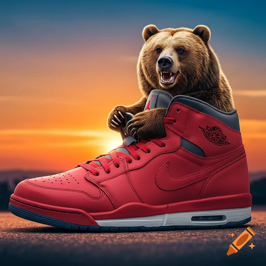 A realistic bear sits on a large red Jordan sneaker at sunset.