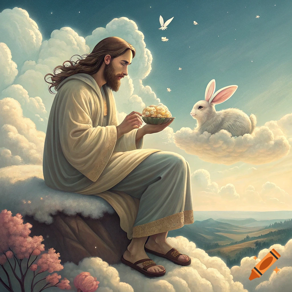 Jesus sitting on a cloud, feeding a rabbit from a bowl, with cherry blossoms and mountains below.