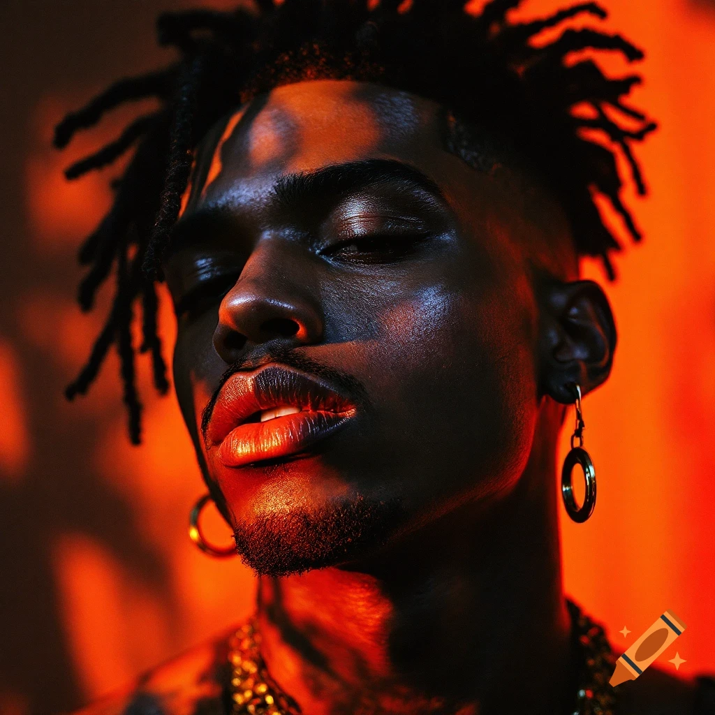 Close-up dramatically lit portrait of a person with red lips, gold jewelry, and dreadlocks against an orange background.