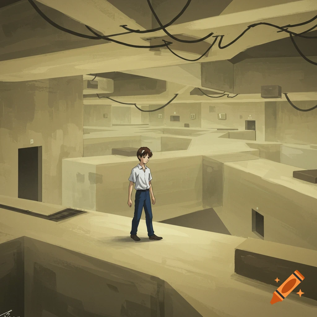 An anime character in a vast, empty maze-like building.