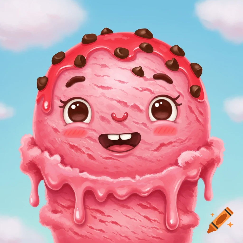 A cartoony pink ice cream scoop with a face and chocolate chips against a cloudy sky.
