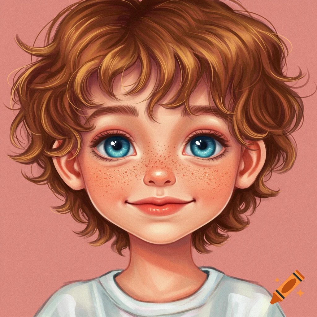 A child with curly brown hair, blue eyes, and freckles, smiling.