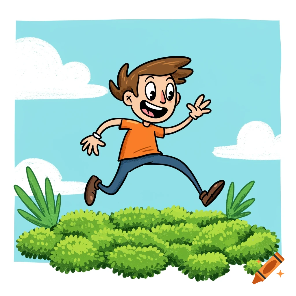 Cartoon illustration of a cheerful boy jumping over green bushes under a blue sky.