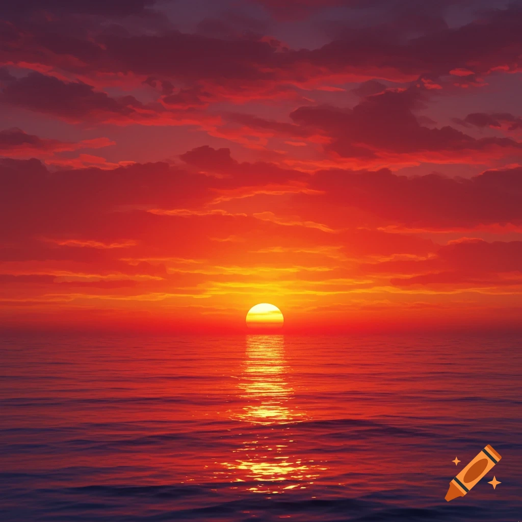 A red and orange sunset over the ocean with reflections on the water.