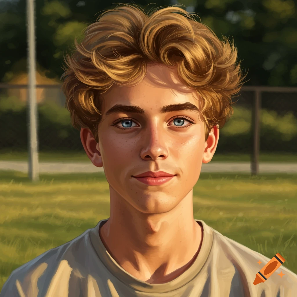 Image of a boy with blond hair and blue eyes in a park.