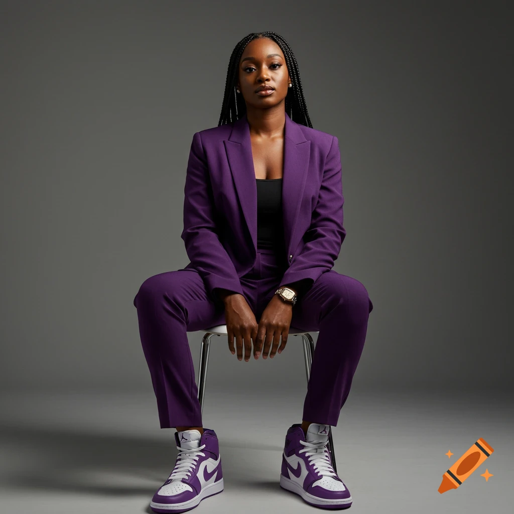 Woman in purple suit and sneakers sitting on a stool in a studio portrait.
