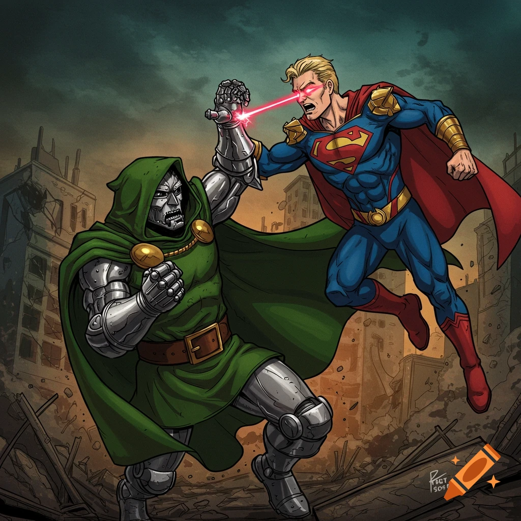 Dr. Doom fighting Homelander in a ruined city.