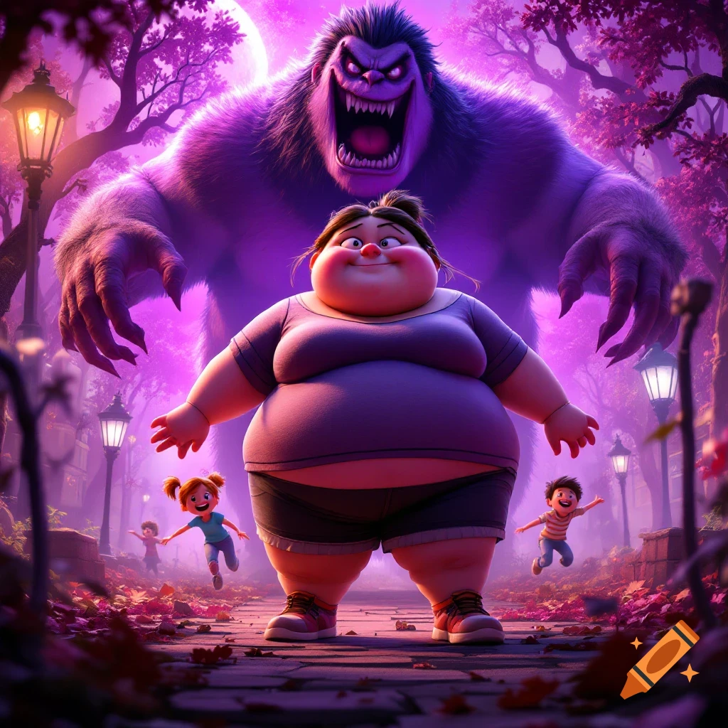 A giant purple monster looms behind a large stylized girl and two small children fleeing in a spooky purple forest at night. Cartoon style.