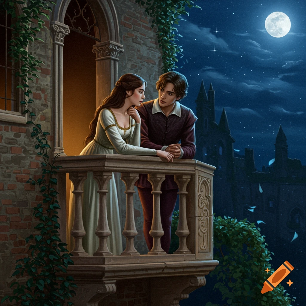 Romeo and Juliet on a balcony at night under a full moon.