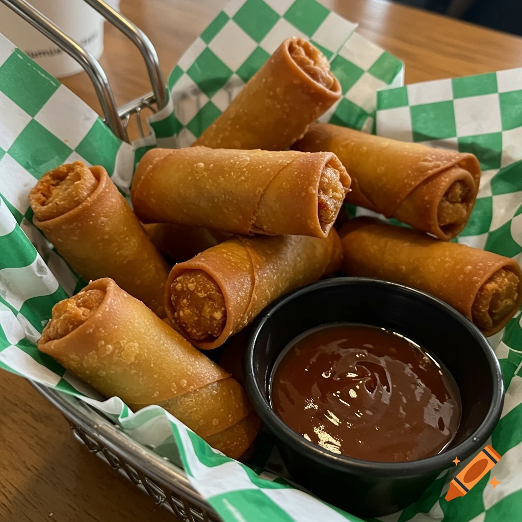 Fried egg rolls in a basket lined with green and white checkered paper, served with dipping sauce.
