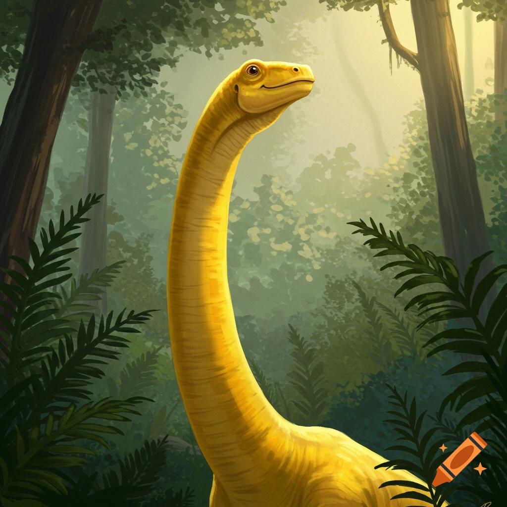 A yellow long-necked dinosaur stands among lush trees.