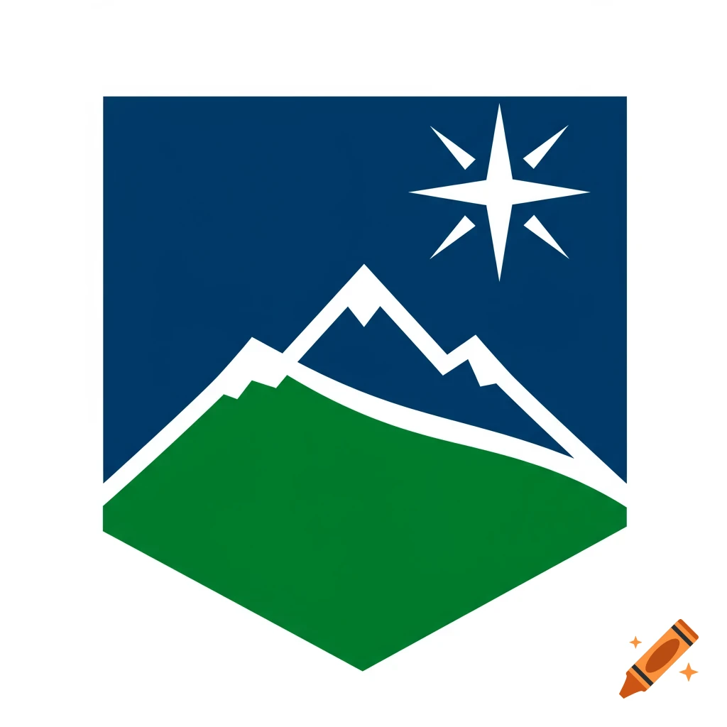 Graphic logo with mountains, field, starburst on blue background.