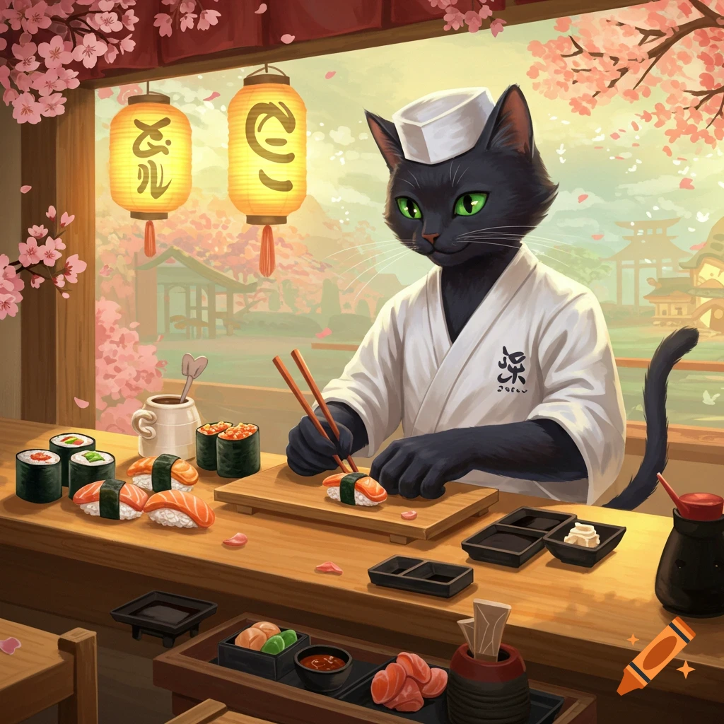 A black cat dressed as a sushi chef makes sushi at a counter with cherry blossoms in a Japanese setting.