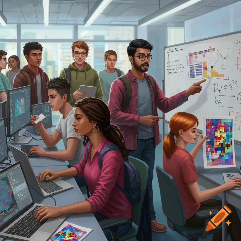 College students using computers in a classroom with a whiteboard.