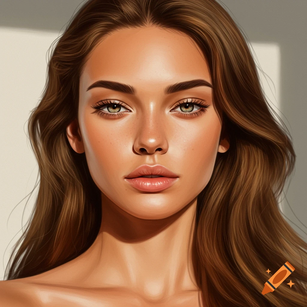 Portrait of a woman with long brown hair, green eyes, and dramatic lighting