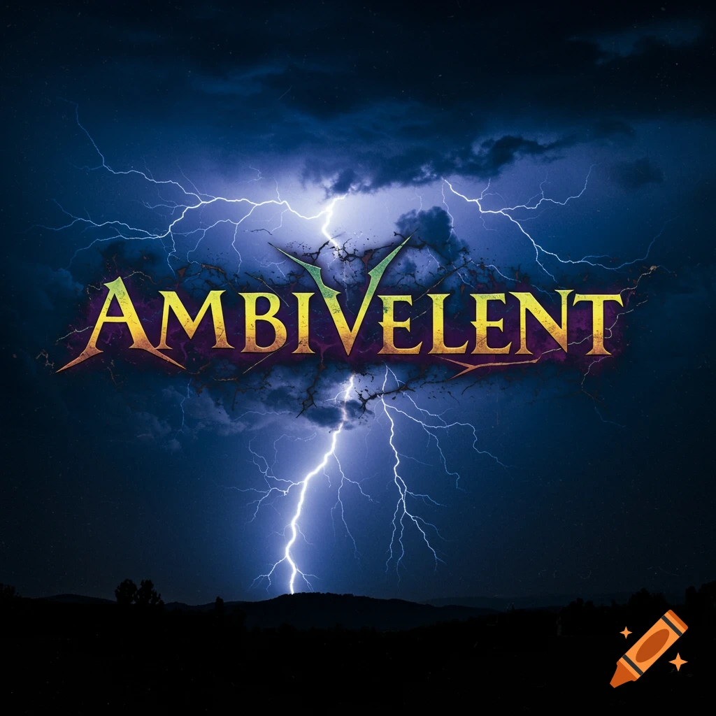 Stylized album cover with the word 'Ambivalent' against a stormy sky with lightning.