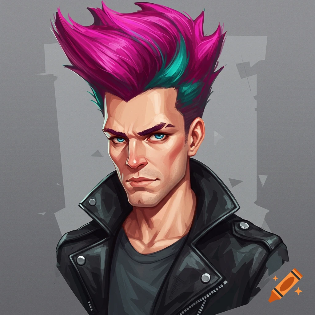 Stylized portrait of a man with bright pink and green spiky hair and a black leather jacket.