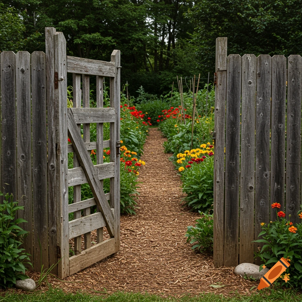 Open wooden gate leading into a vibrant garden path lined with red and yellow flowers. Photorealistic style.