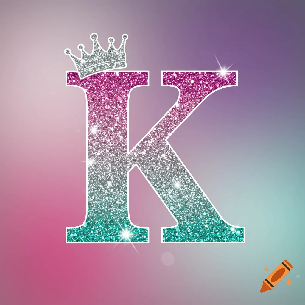 A large block letter K filled with pink, silver, and teal glitter, wearing a silver glitter crown, against a blurred pink, purple, and teal gradient background.